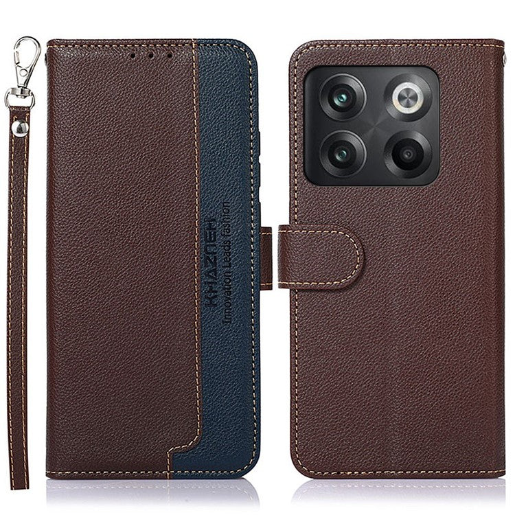 KHAZNEH For OnePlus 10T 5G / Ace Pro 5G Flip Folio Wallet RFID Blocking Case Litchi Texture PU Leather Magnetic Handbag Stand Cover with Strap - Brown