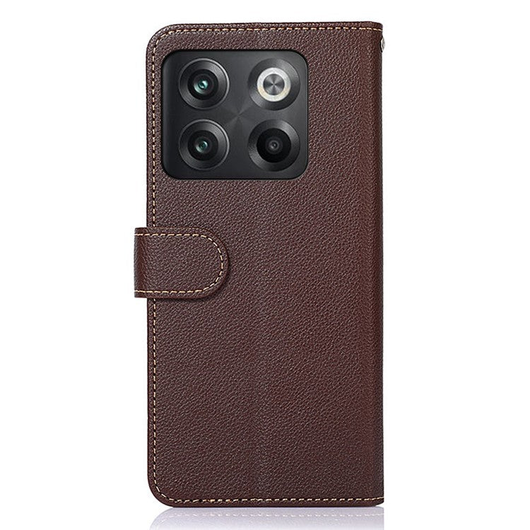KHAZNEH For OnePlus 10T 5G / Ace Pro 5G Flip Folio Wallet RFID Blocking Case Litchi Texture PU Leather Magnetic Handbag Stand Cover with Strap - Brown