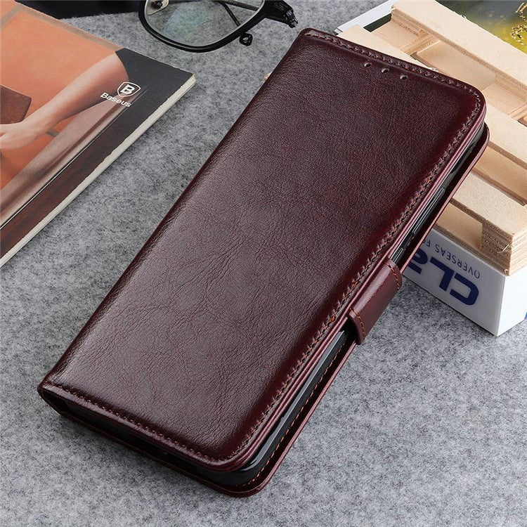 For OnePlus 10T 5G / Ace Pro 5G Crazy Horse Texture Anti-scratch Phone Case PU Leather Cover with Stand Wallet - Brown