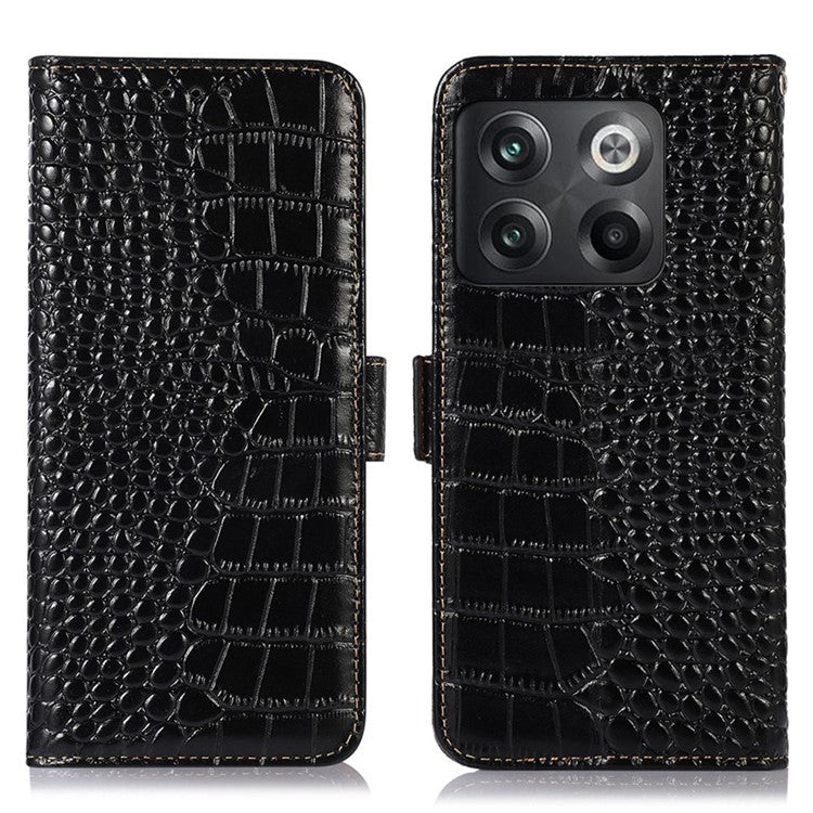 For OnePlus 10T 5G / Ace Pro 5G Anti-fall Crocodile Texture Case RFID Blocking Genuine Cowhide Leather Well-protected Wallet Phone Cover - Black