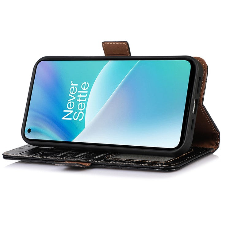 For OnePlus 10T 5G / Ace Pro 5G Anti-fall Crocodile Texture Case RFID Blocking Genuine Cowhide Leather Well-protected Wallet Phone Cover - Black