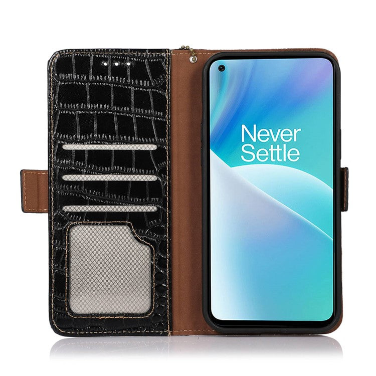 For OnePlus 10T 5G / Ace Pro 5G Anti-fall Crocodile Texture Case RFID Blocking Genuine Cowhide Leather Well-protected Wallet Phone Cover - Black