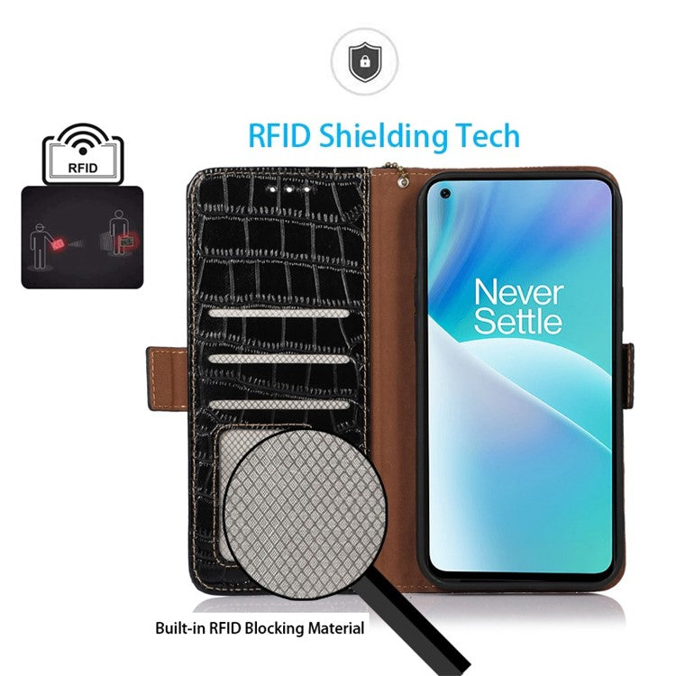 For OnePlus 10T 5G / Ace Pro 5G Anti-fall Crocodile Texture Case RFID Blocking Genuine Cowhide Leather Well-protected Wallet Phone Cover - Black