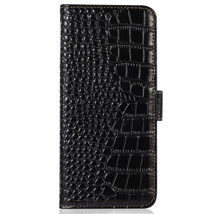 For OnePlus 10T 5G / Ace Pro 5G Anti-fall Crocodile Texture Case RFID Blocking Genuine Cowhide Leather Well-protected Wallet Phone Cover - Black