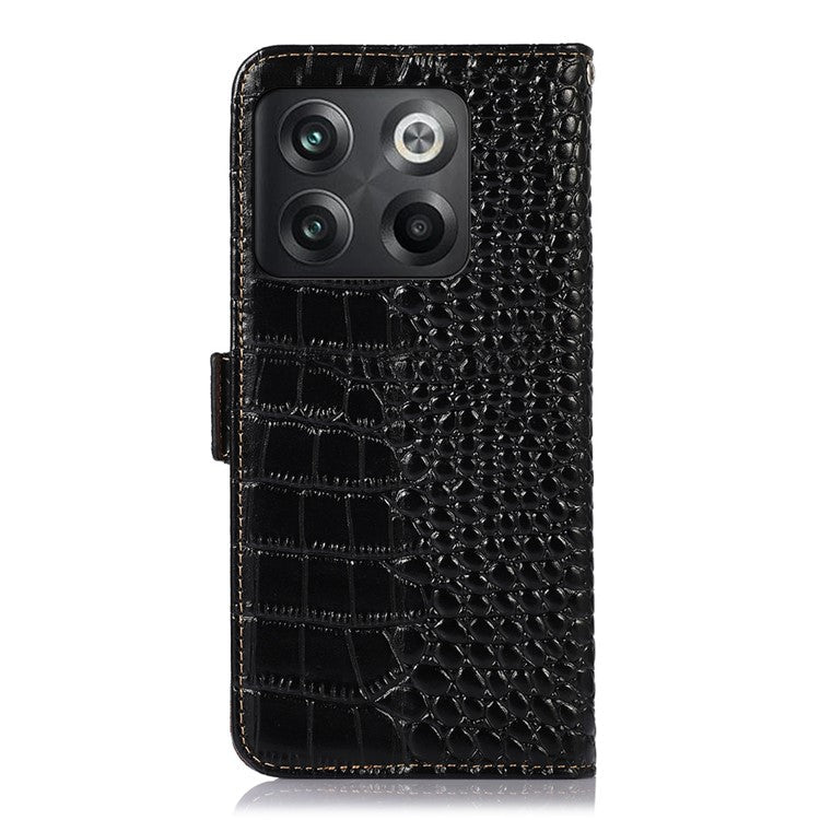 For OnePlus 10T 5G / Ace Pro 5G Anti-fall Crocodile Texture Case RFID Blocking Genuine Cowhide Leather Well-protected Wallet Phone Cover - Black