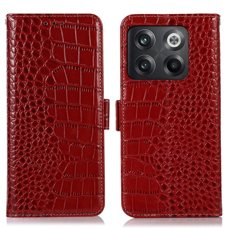 For OnePlus 10T 5G / Ace Pro 5G Anti-fall Crocodile Texture Case RFID Blocking Genuine Cowhide Leather Well-protected Wallet Phone Cover - Red