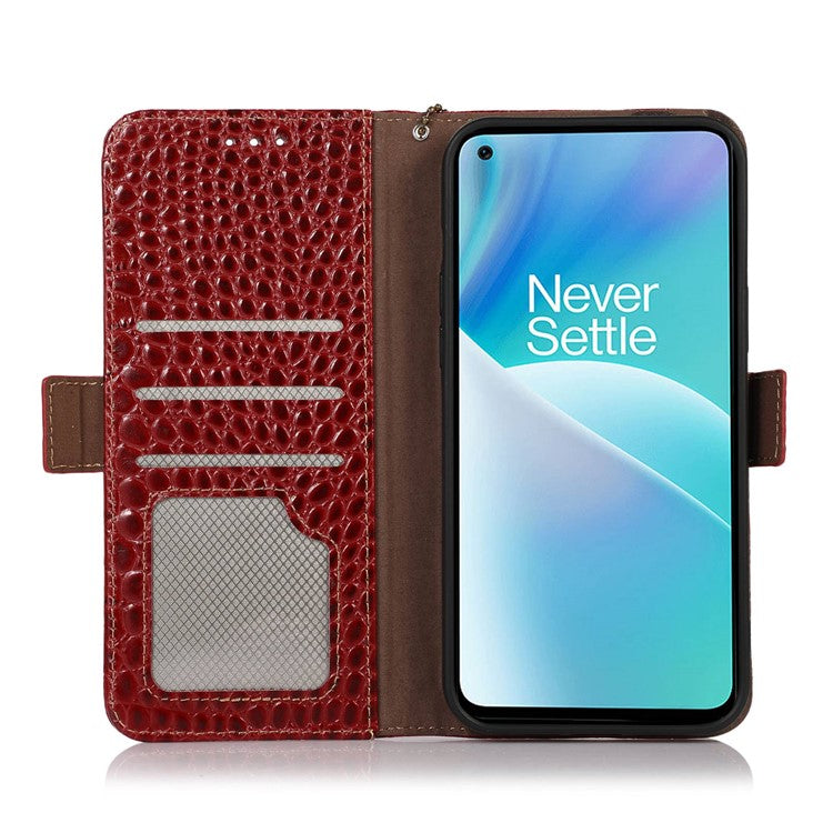 For OnePlus 10T 5G / Ace Pro 5G Anti-fall Crocodile Texture Case RFID Blocking Genuine Cowhide Leather Well-protected Wallet Phone Cover - Red