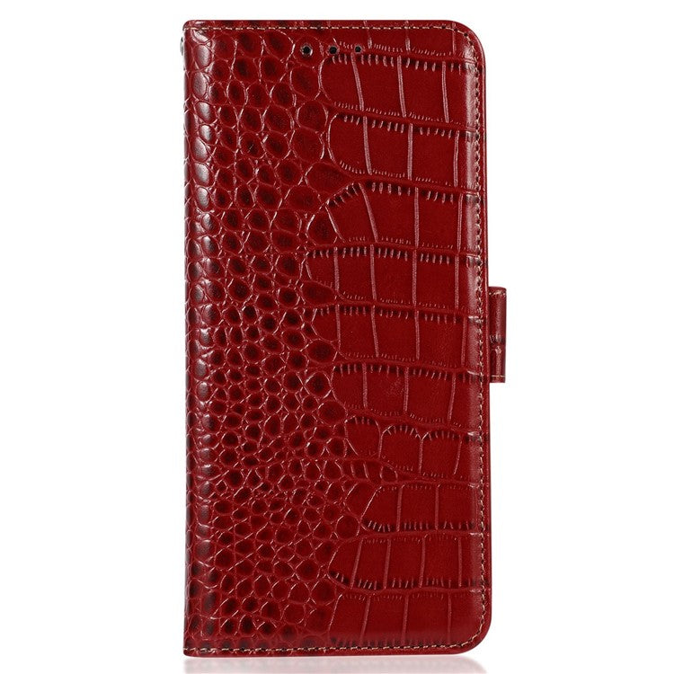 For OnePlus 10T 5G / Ace Pro 5G Anti-fall Crocodile Texture Case RFID Blocking Genuine Cowhide Leather Well-protected Wallet Phone Cover - Red