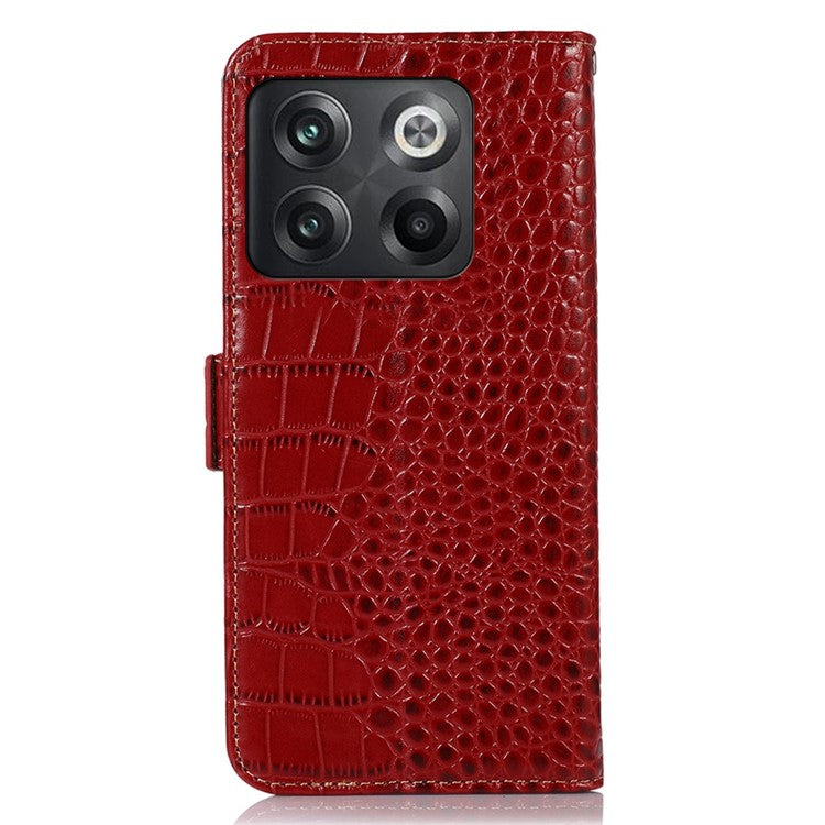 For OnePlus 10T 5G / Ace Pro 5G Anti-fall Crocodile Texture Case RFID Blocking Genuine Cowhide Leather Well-protected Wallet Phone Cover - Red