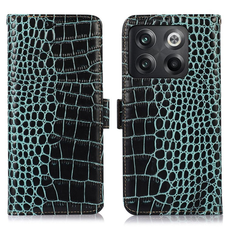 For OnePlus 10T 5G / Ace Pro 5G Anti-fall Crocodile Texture Case RFID Blocking Genuine Cowhide Leather Well-protected Wallet Phone Cover - Green