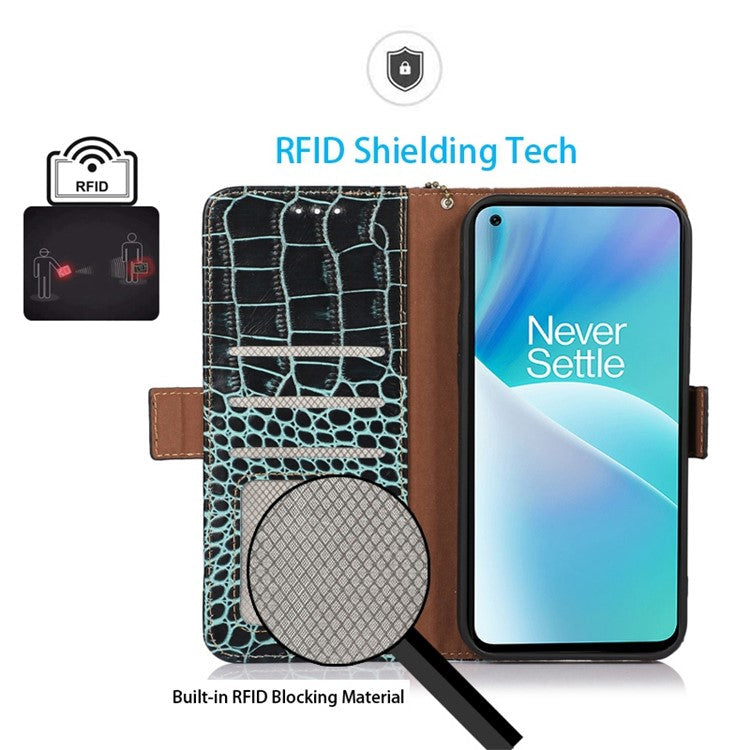 For OnePlus 10T 5G / Ace Pro 5G Anti-fall Crocodile Texture Case RFID Blocking Genuine Cowhide Leather Well-protected Wallet Phone Cover - Green