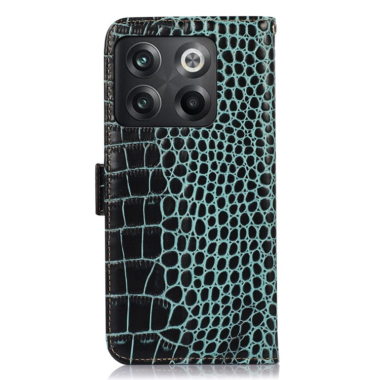 For OnePlus 10T 5G / Ace Pro 5G Anti-fall Crocodile Texture Case RFID Blocking Genuine Cowhide Leather Well-protected Wallet Phone Cover - Green