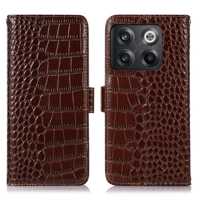 For OnePlus 10T 5G / Ace Pro 5G Anti-fall Crocodile Texture Case RFID Blocking Genuine Cowhide Leather Well-protected Wallet Phone Cover - Brown