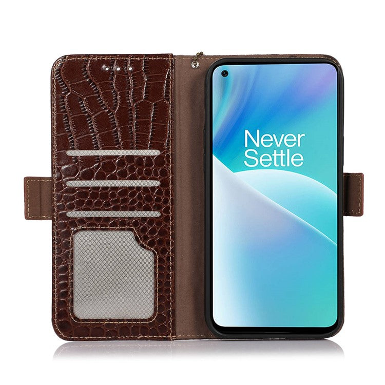 For OnePlus 10T 5G / Ace Pro 5G Anti-fall Crocodile Texture Case RFID Blocking Genuine Cowhide Leather Well-protected Wallet Phone Cover - Brown