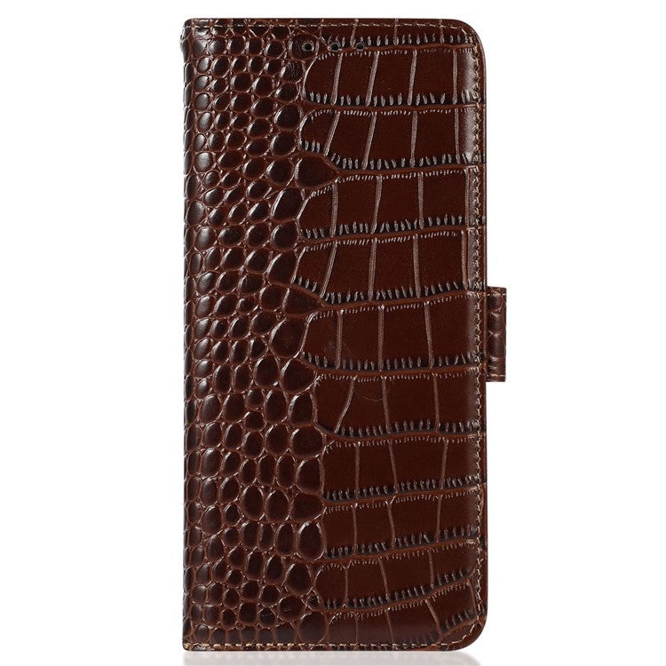 For OnePlus 10T 5G / Ace Pro 5G Anti-fall Crocodile Texture Case RFID Blocking Genuine Cowhide Leather Well-protected Wallet Phone Cover - Brown