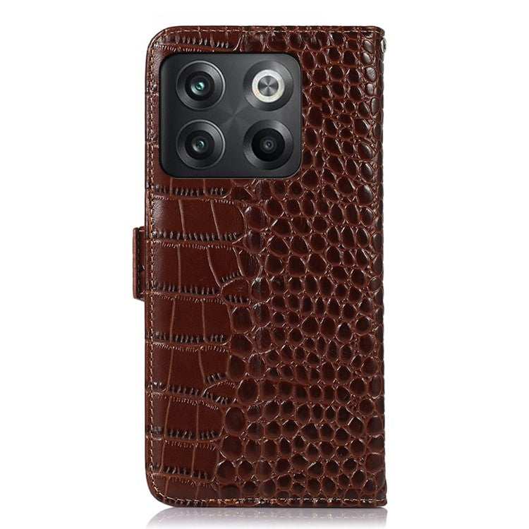 For OnePlus 10T 5G / Ace Pro 5G Anti-fall Crocodile Texture Case RFID Blocking Genuine Cowhide Leather Well-protected Wallet Phone Cover - Brown