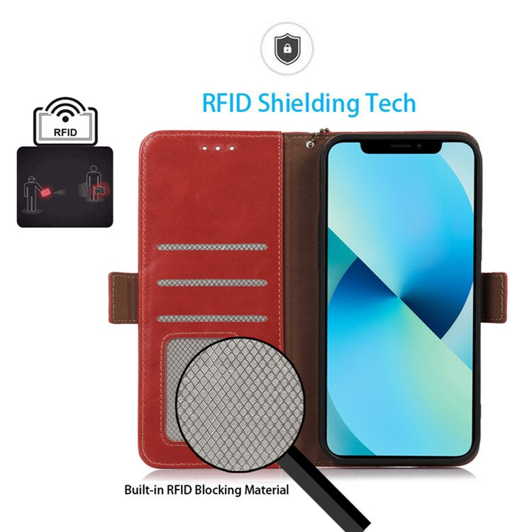 For OnePlus 10T 5G / Ace Pro 5G Crazy Horse Texture RFID Blocking Phone Case Anti-fall Genuine Cowhide Leather+TPU Shell with Wallet Stand - Red