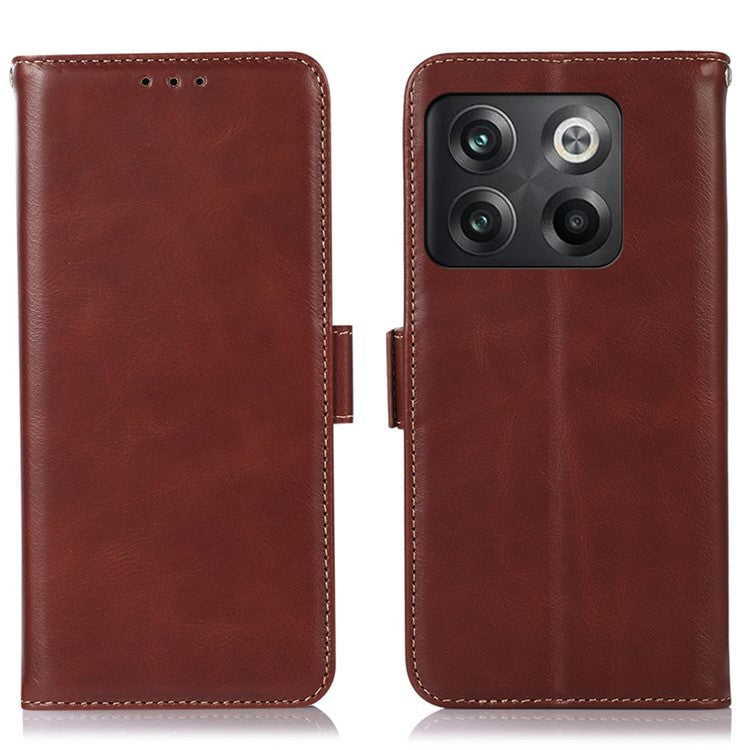 For OnePlus 10T 5G / Ace Pro 5G Crazy Horse Texture RFID Blocking Phone Case Anti-fall Genuine Cowhide Leather+TPU Shell with Wallet Stand - Brown