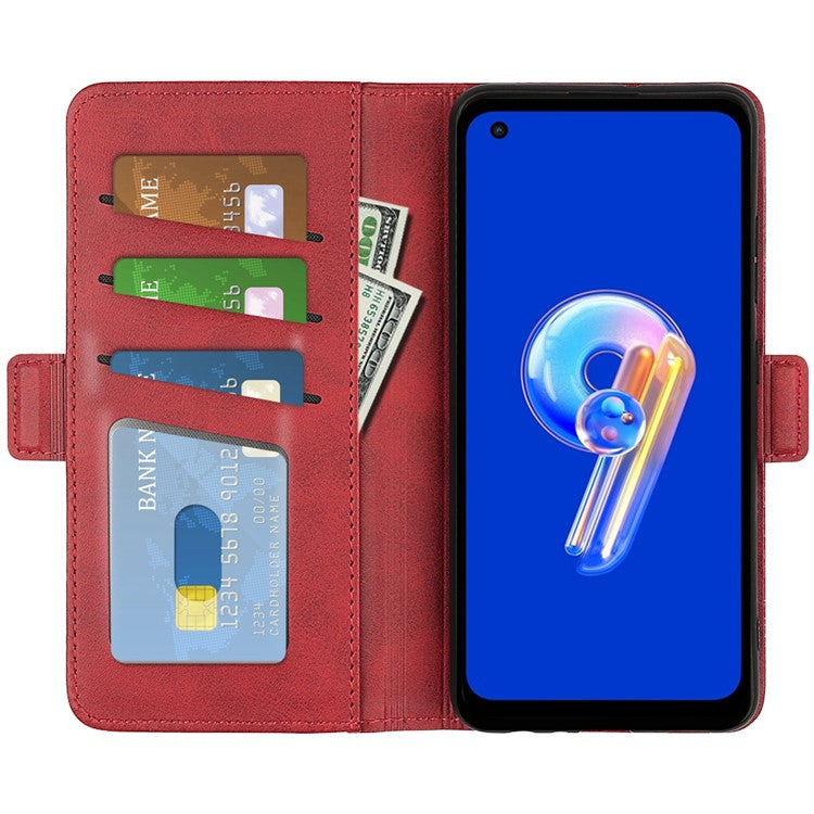 For Asus Zenfone 9 5G Magnetic Folio Flip Phone Case, Textured PU Leather Stand Wallet Feature Protective Cover - Red