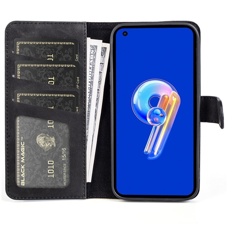 For Asus Zenfone 9 5G Color Splicing PU Leather Cover Stand Function Shockproof Wallet Phone Case - Black