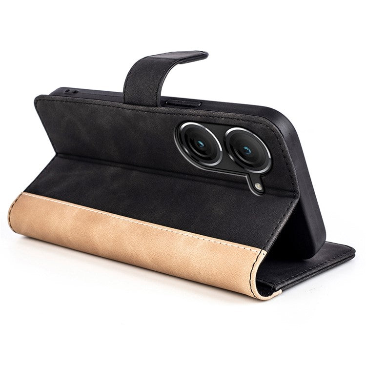 For Asus Zenfone 9 5G Color Splicing PU Leather Cover Stand Function Shockproof Wallet Phone Case - Black
