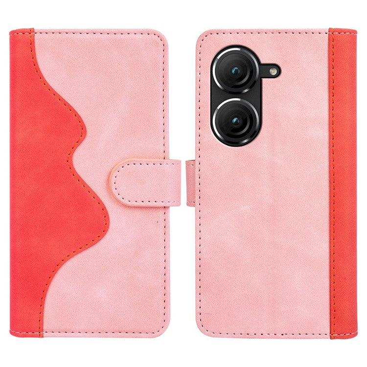 For Asus Zenfone 9 5G Color Splicing PU Leather Cover Stand Function Shockproof Wallet Phone Case - Pink