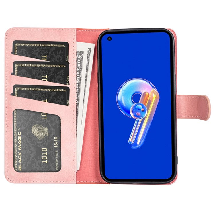 For Asus Zenfone 9 5G Color Splicing PU Leather Cover Stand Function Shockproof Wallet Phone Case - Pink