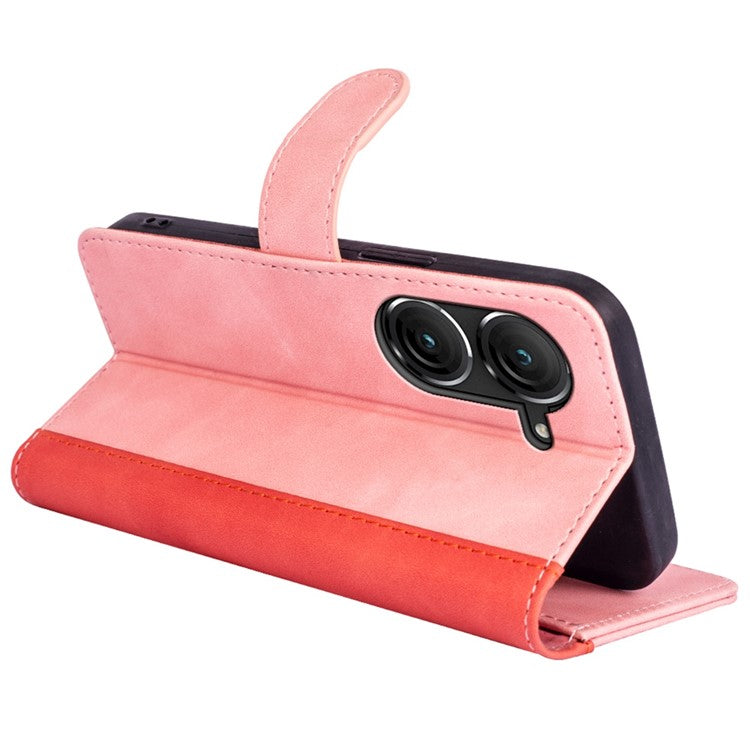For Asus Zenfone 9 5G Color Splicing PU Leather Cover Stand Function Shockproof Wallet Phone Case - Pink