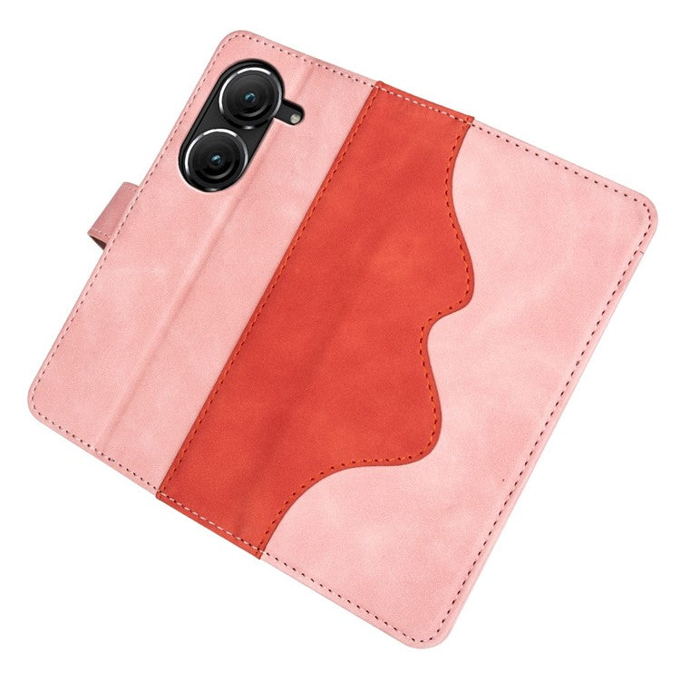 For Asus Zenfone 9 5G Color Splicing PU Leather Cover Stand Function Shockproof Wallet Phone Case - Pink