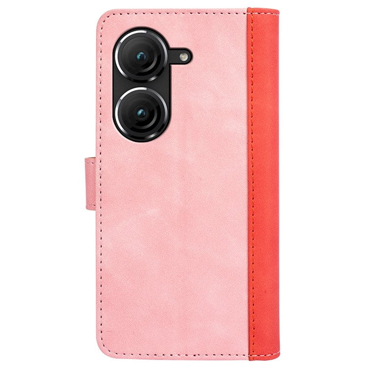 For Asus Zenfone 9 5G Color Splicing PU Leather Cover Stand Function Shockproof Wallet Phone Case - Pink