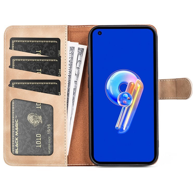 For Asus Zenfone 9 5G Color Splicing PU Leather Cover Stand Function Shockproof Wallet Phone Case - Yellow