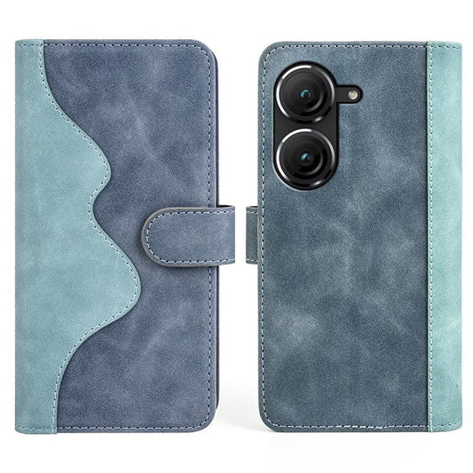 For Asus Zenfone 9 5G Color Splicing PU Leather Cover Stand Function Shockproof Wallet Phone Case - Blue
