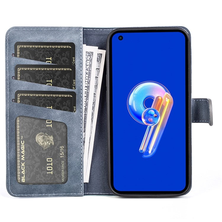 For Asus Zenfone 9 5G Color Splicing PU Leather Cover Stand Function Shockproof Wallet Phone Case - Blue