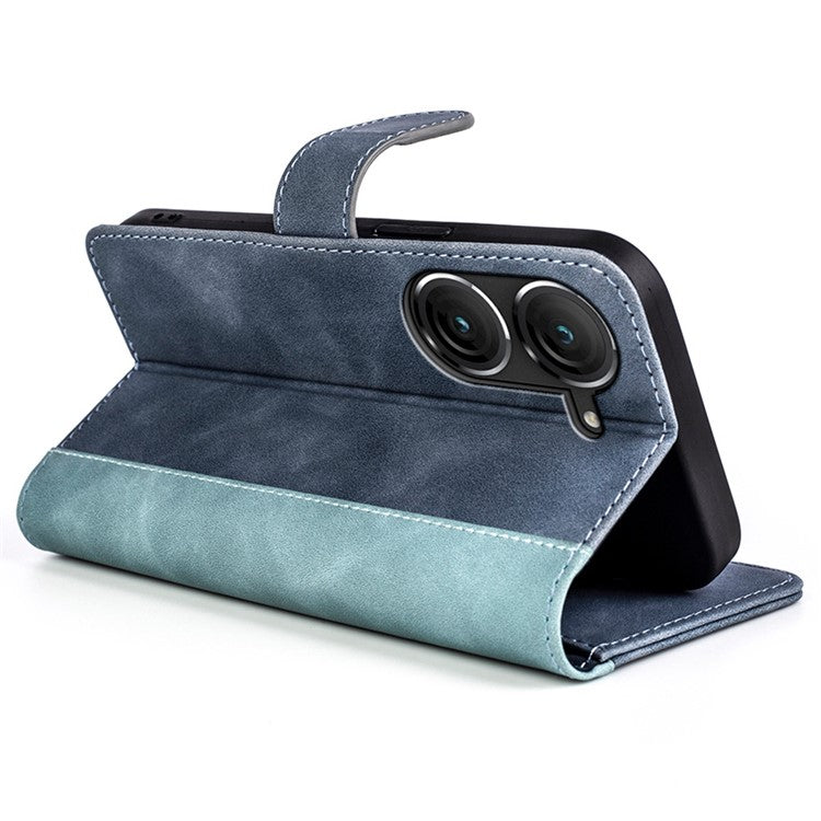 For Asus Zenfone 9 5G Color Splicing PU Leather Cover Stand Function Shockproof Wallet Phone Case - Blue