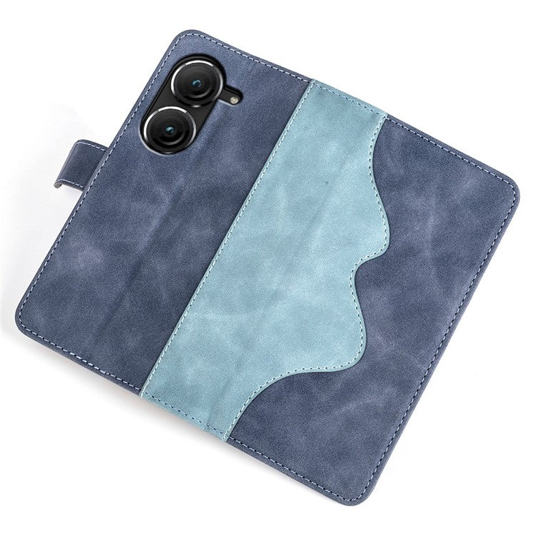 For Asus Zenfone 9 5G Color Splicing PU Leather Cover Stand Function Shockproof Wallet Phone Case - Blue