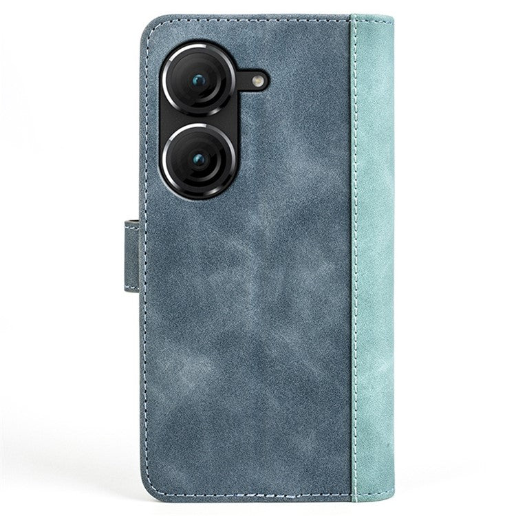 For Asus Zenfone 9 5G Color Splicing PU Leather Cover Stand Function Shockproof Wallet Phone Case - Blue