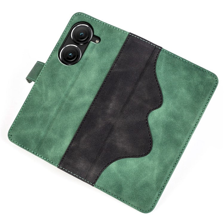 For Asus Zenfone 9 5G Color Splicing PU Leather Cover Stand Function Shockproof Wallet Phone Case - Green