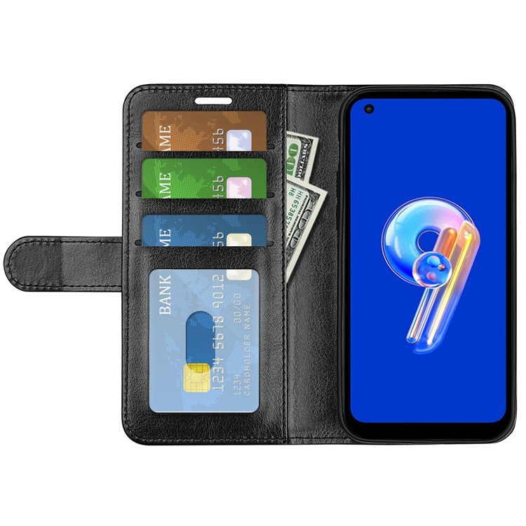 For Asus Zenfone 9 5G Book Style Phone Case PU Leather Crazy Horse Texture Wallet Stand Well Protection Cover - Black