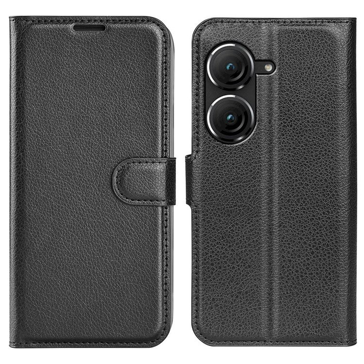 For Asus Zenfone 9 5G / 10 5G Shockproof Litchi Texture Folio Flip Phone Case Fully Wrapped PU Leather Wallet Stand Cover - Black
