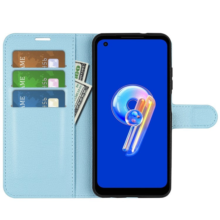 For Asus Zenfone 9 5G / 10 5G Shockproof Litchi Texture Folio Flip Phone Case Fully Wrapped PU Leather Wallet Stand Cover - Blue