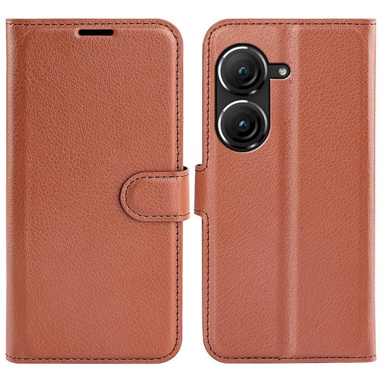 For Asus Zenfone 9 5G / 10 5G Shockproof Litchi Texture Folio Flip Phone Case Fully Wrapped PU Leather Wallet Stand Cover - Brown