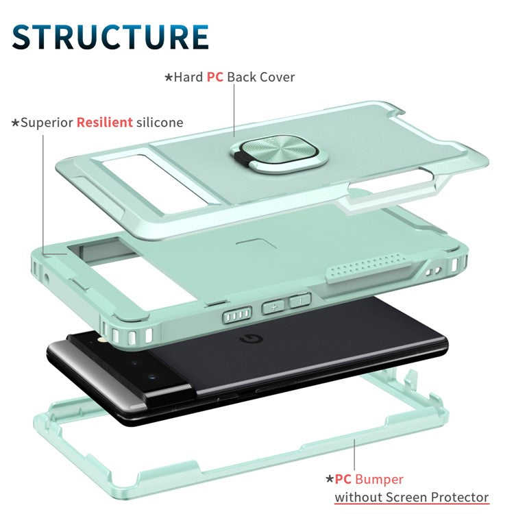 3-in-1 Drop-proof Phone Case For Google Pixel 6, Kickstand Ring Holder Precise Cutouts Phone Back Cover - Green