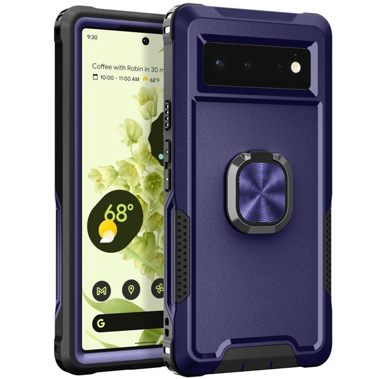 3-in-1 Drop-proof Phone Case For Google Pixel 6, Kickstand Ring Holder Precise Cutouts Phone Back Cover - Navy Blue