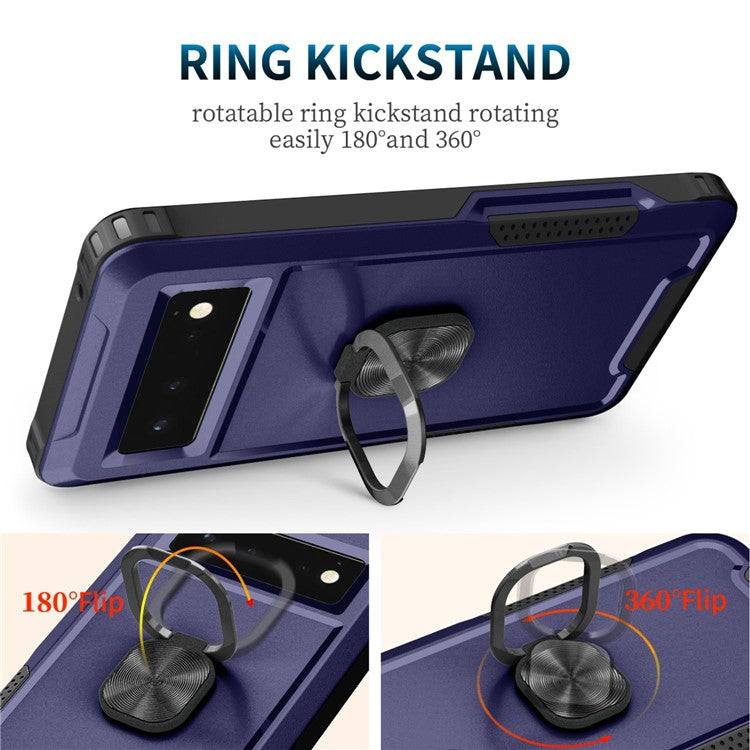3-in-1 Drop-proof Phone Case For Google Pixel 6, Kickstand Ring Holder Precise Cutouts Phone Back Cover - Navy Blue