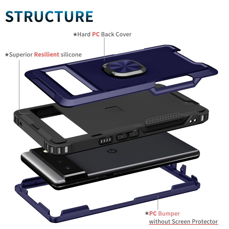 3-in-1 Drop-proof Phone Case For Google Pixel 6, Kickstand Ring Holder Precise Cutouts Phone Back Cover - Navy Blue