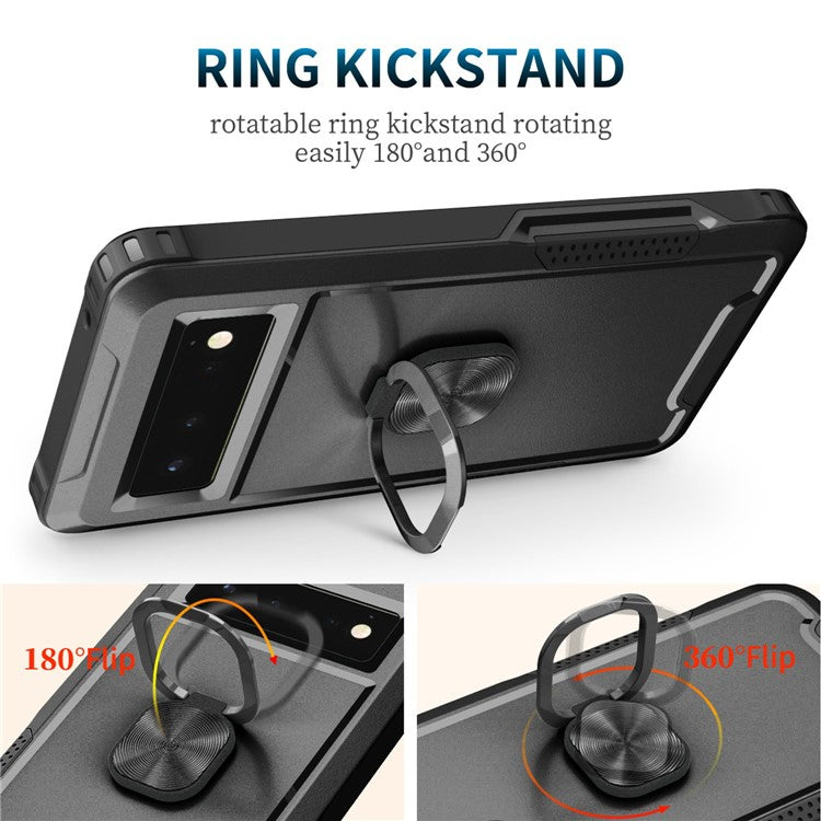 3-in-1 Drop-proof Phone Case For Google Pixel 6, Kickstand Ring Holder Precise Cutouts Phone Back Cover - Black