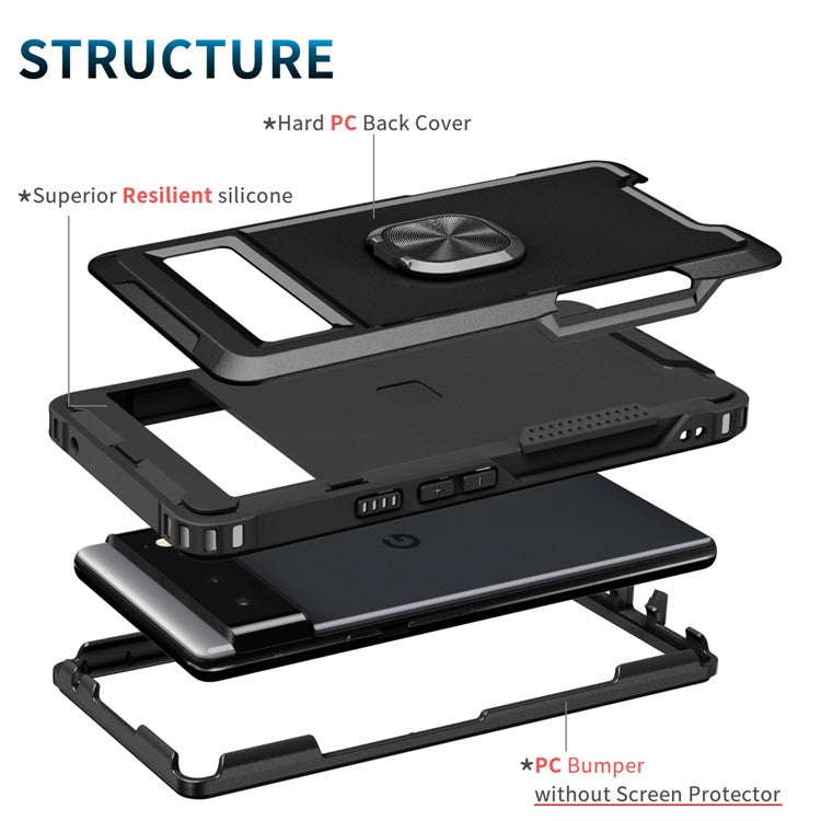3-in-1 Drop-proof Phone Case For Google Pixel 6, Kickstand Ring Holder Precise Cutouts Phone Back Cover - Black