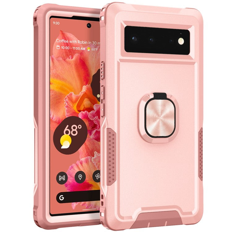 3-in-1 Drop-proof Phone Case For Google Pixel 6, Kickstand Ring Holder Precise Cutouts Phone Back Cover - Pink