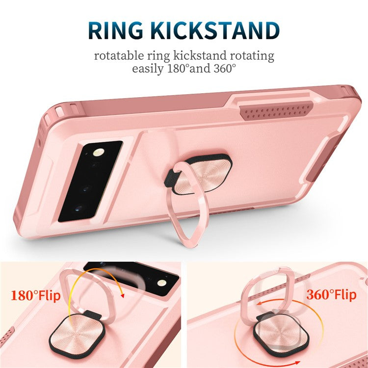 3-in-1 Drop-proof Phone Case For Google Pixel 6, Kickstand Ring Holder Precise Cutouts Phone Back Cover - Pink