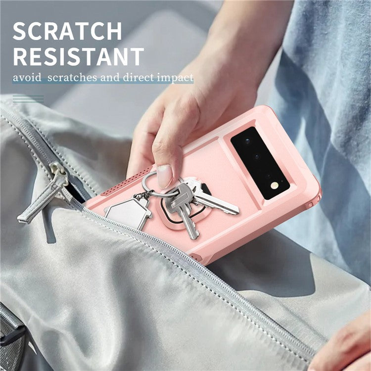 3-in-1 Drop-proof Phone Case For Google Pixel 6, Kickstand Ring Holder Precise Cutouts Phone Back Cover - Pink